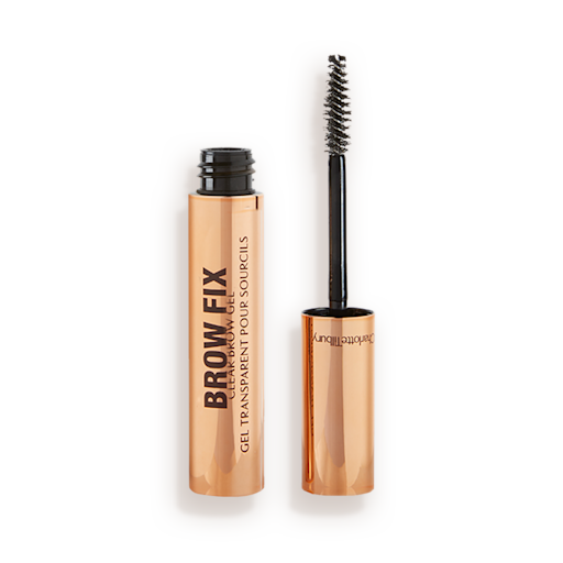 Brow Fix Clear Gel open An open tube of clear, brow fixing gel with gold-coloured packaging.