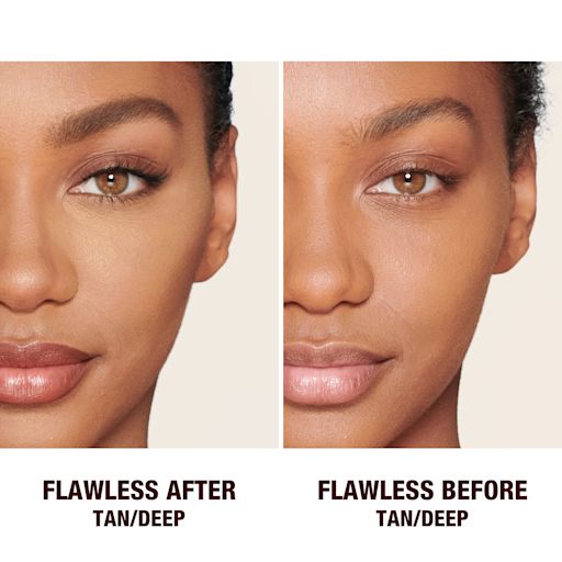 Brightening Airbrush Flawless Finish on deep-tone model before and after Before and after of a deep-tone model wearing glowy makeup without setting it in the before shot and wearing a radiant, setting powder that brightens, covers blemishes, and makes her skin look fresh.