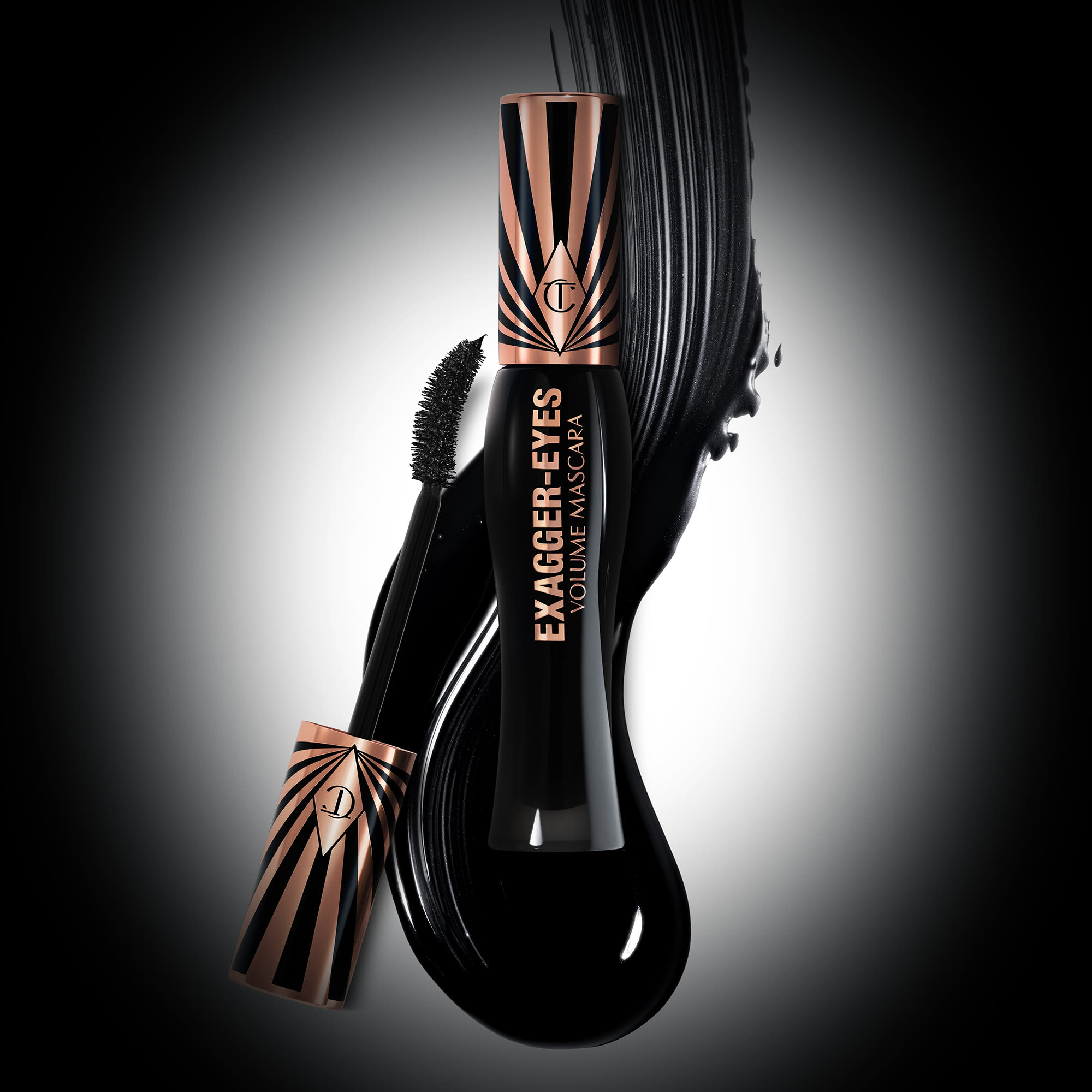 Exagger-Eyes Mascara still life Exagger-Eyes Volume Mascara with texture swatch backdrop