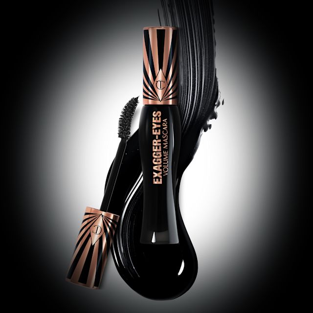 Exagger-Eyes Mascara still life Exagger-Eyes Volume Mascara with texture swatch backdrop