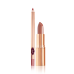 An open nude pink lip liner pencil and an open nude pink lipstick, both in elegant, gold-coloured packaging.
