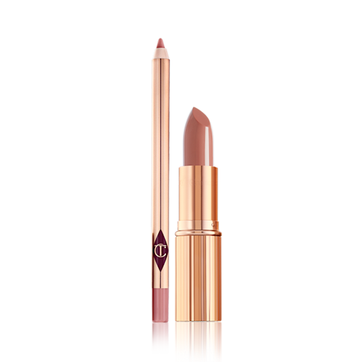 Supernudes Lipstick and Liner Kit open An open nude pink lip liner pencil and an open nude pink lipstick, both in elegant, gold-coloured packaging.