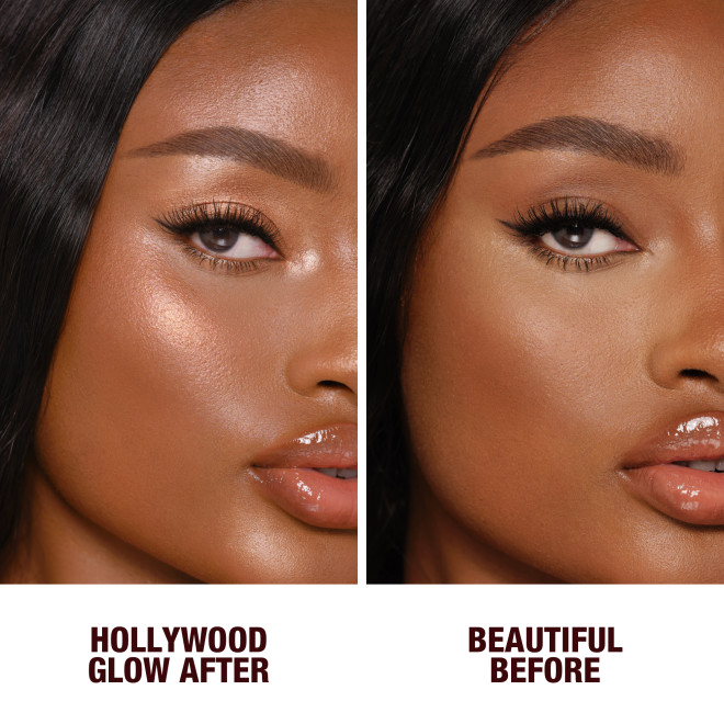 Before and after of a deep-tone model wearing smokey eyes and nude lip gloss in the before shot and then wearing glowy highlighter in a copper-gold shade in the after shot.