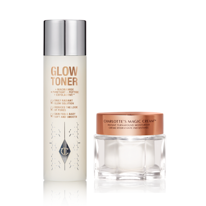 Glow Toner and Magic Cream bundle Toner in a large, clear bottle with a silver-coloured lid and pearly-white face cream in a glass jar with a rose-gold-coloured lid.