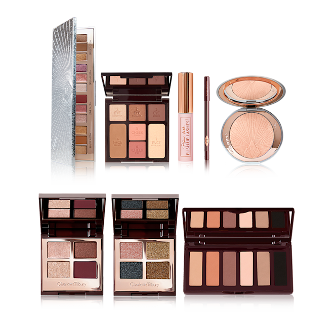 Charlotte's Complete Magic Holiday Collection open Open, 12-pan eyeshadow palette in shades of peach, pink, brown, red, and beige, face palette with eyeshadows, blushes, bronzer, and highlighter, mascara, eyebrow pencils, highlighter compacts, quad eyeshadow palettes in matte and shimmery shades, and 6-pan nude matte eyeshadow palette.