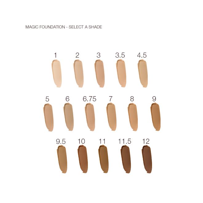 Magic Foundation swatches Swatches of sixteen, foundations in shades ranging from ivory, beige, and peach to light, medium, and dark brown for fair, light, medium-light, medium, medium-dark, and deep skin tones.