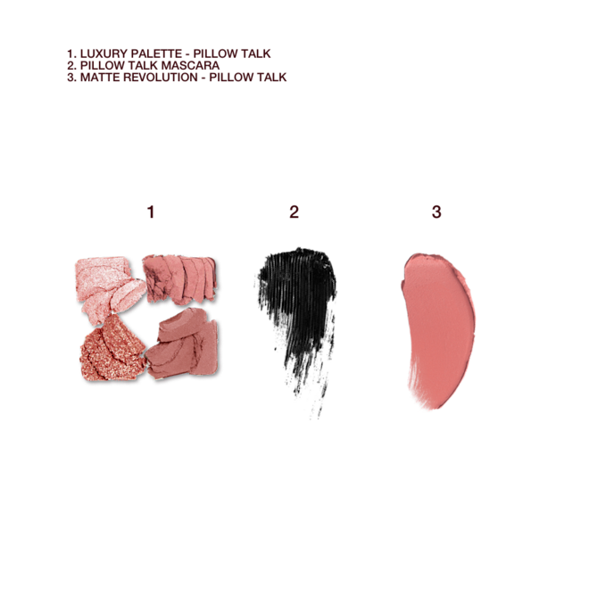 Texture swatch of Pillow Talk Luxury Palette, Mascara and Matte Revolution Lipstick Texture swatch of Pillow Talk Luxury Palette, Mascara and Matte Revolution Lipstick