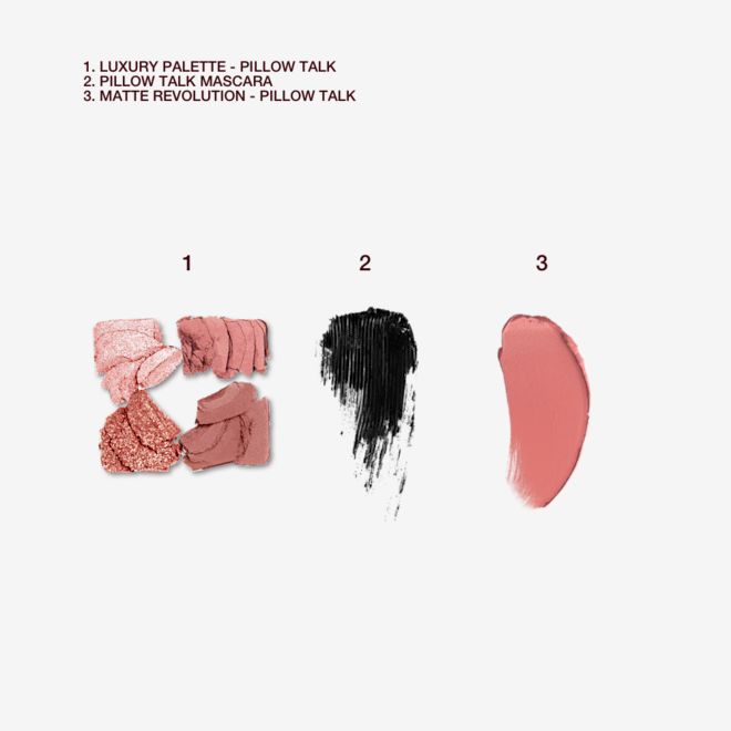 Texture swatch of Pillow Talk Luxury Palette, Mascara and Matte Revolution Lipstick Texture swatch of Pillow Talk Luxury Palette, Mascara and Matte Revolution Lipstick