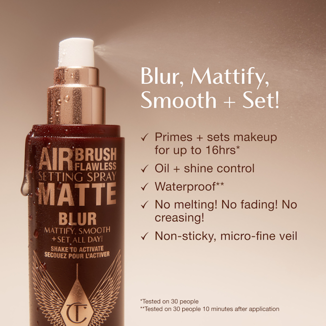 AIRBRUSH FLAWLESS SETTING SPRAY MATTE Infographic - Blur, Mattify, Smooth + Set Close-up of Airbrush Flawless Setting Spray Matte bottle with text highlighting benefits: primes and sets makeup for up to 16 hours, oil and shine control, waterproof, anti-pollution shield, non-sticky micro-fine veil, and claims of no melting, fading, or creasing.