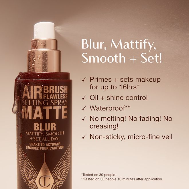 AIRBRUSH FLAWLESS SETTING SPRAY MATTE Infographic - Blur, Mattify, Smooth + Set Close-up of Airbrush Flawless Setting Spray Matte bottle with text highlighting benefits: primes and sets makeup for up to 16 hours, oil and shine control, waterproof, anti-pollution shield, non-sticky micro-fine veil, and claims of no melting, fading, or creasing.