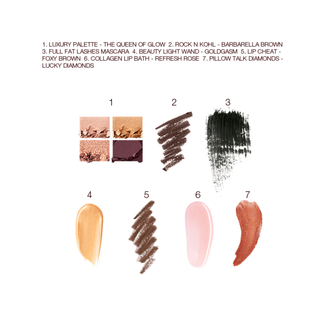 The Queen of Glow Deep kit swatch Swatches of a quad eyeshadow palette in shades of brown, pink, and gold, brown eyeliner, black mascara, liquid highlighter in honey-gold, lip liner in taupe-brown, lipstick lip balm in sheer pink, and lip gloss in terracotta.