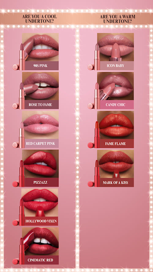 Pink and Red Lipstick Undertones Hollywood Beauty Icon Lipsticks labelled by cool and warm undertones