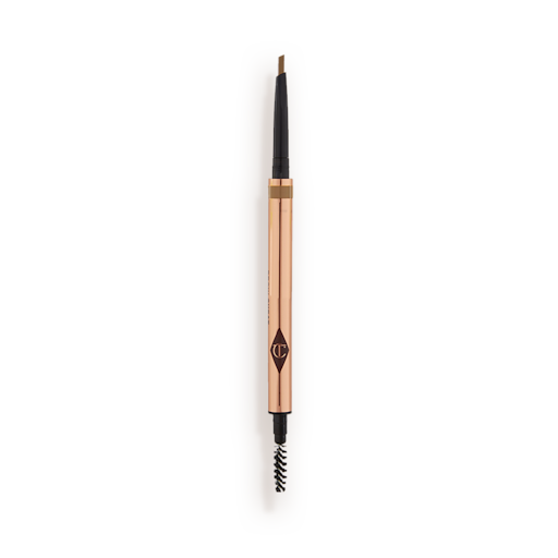Brow Cheat in Light Blonde open A double-ended eyebrow pencil and spoolie brush duo in a light blonde shade with gold-coloured packaging.