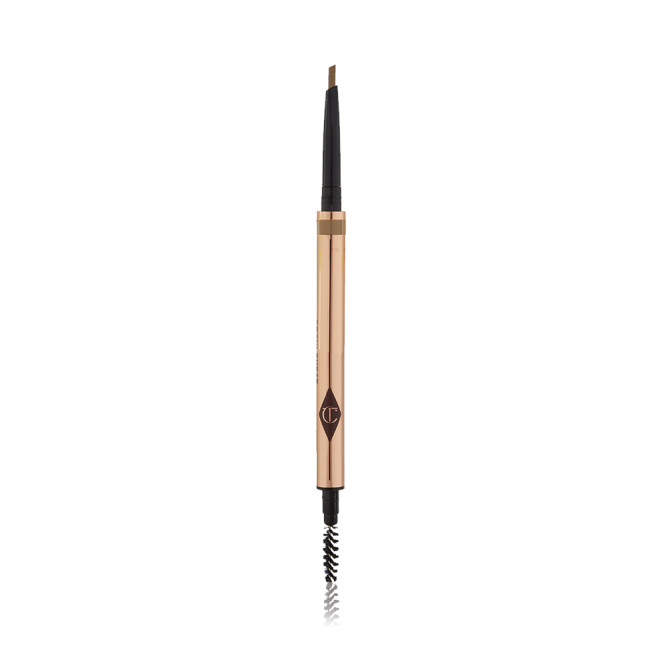 A double-ended eyebrow pencil and spoolie brush duo in a light blonde shade with gold-coloured packaging.