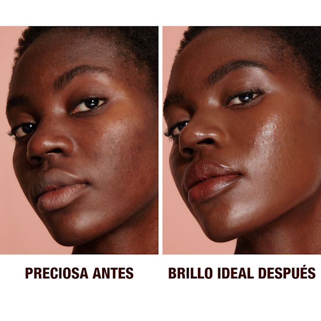 Antes y después de la aplicación de Hollywood Flawless Filter en el tono 8 en una modelo de piel oscura Primer plano del antes y el después de una modelo de ojos marrones y tono de piel oscuro que lleva una prebase luminosa y resplandeciente que difumina sus poros y líneas de expresión con un delineador de ojos negro y un brillo de labios transparente.