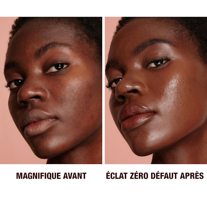 Hollywood Flawless Filter teinte 8 avant et après sur un mannequin à la peau foncée Gros plan, avant et après, sur un mannequin à la peau foncée et aux yeux marron portant une base lumineuse qui floute les pores et les ridules, un eye-liner noir et un gloss transparent.