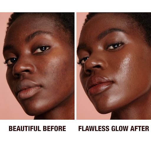 Hollywood Flawless Filter shade 8 before and after on deep-tone model Before and after close-up of a deep-tone model with brown eyes wearing a luminous, glowy primer that blurs her pores and fine lines with black eyeliner and sheer lip gloss.