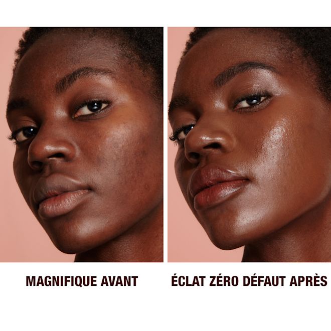 Hollywood Flawless Filter teinte 8 avant et après sur un mannequin à la peau foncée Gros plan, avant et après, sur un mannequin à la peau foncée et aux yeux marron portant une base lumineuse et brillante qui floute les pores et les ridules, un ligneur noir et un brillant à lèvres transparent.