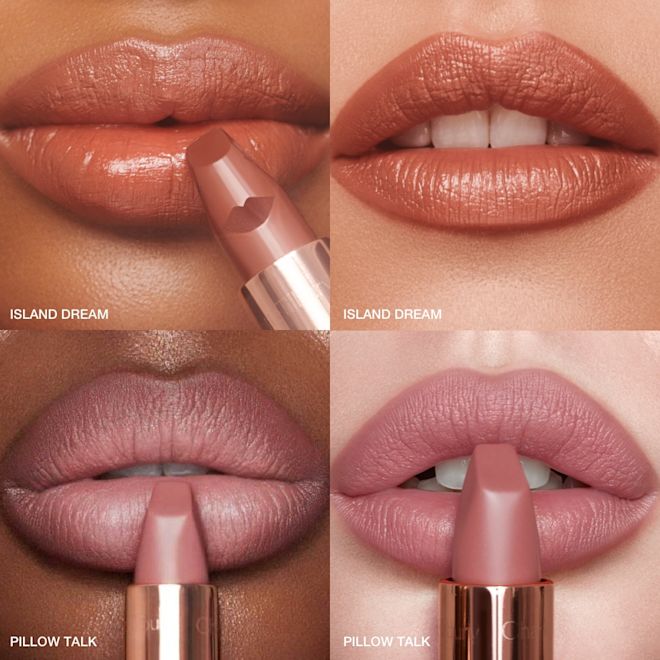 Glowing Summer Lip Wardrobe swatches lip close-ups Lips close-up of four models wearing lipsticks in nude pink and coral terracotta.