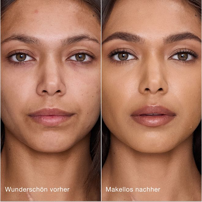 Airbrush Flawless Concealer − 8.5 Medium, vorher und nachher Ein direkter Vergleich zeigt die Haut vor und nach dem Auftragen des Charlotte Tilbury Airbrush Flawless Concealers mit den Beschriftungen „Wunderschön vorher“ und „Makellos nachher“.