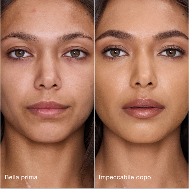 Airbrush Flawless Concealer - 8.5 Medium-Tan prima e dopo Confronto affiancato che mostra la pelle prima e dopo aver applicato il correttore Airbrush Flawless di Charlotte Tilbury, con le etichette di testo "Bella prima" e "Impeccabile dopo".