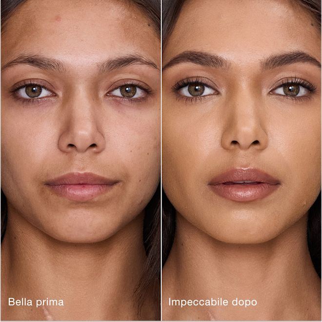 Airbrush Flawless Concealer - 8.5 Medium-Tan prima e dopo Confronto affiancato che mostra la pelle prima e dopo aver applicato il correttore Airbrush Flawless di Charlotte Tilbury, con le etichette di testo "Bella prima" e "Impeccabile dopo".