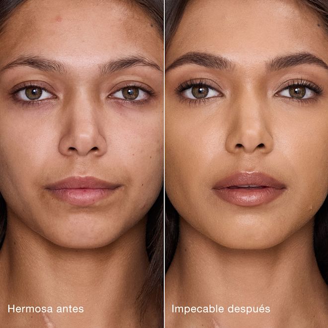 Antes y después de usar Airbrush Flawless Concealer en el tono 8.5 Medium-Tan Comparación paralela que muestra la piel antes y después de aplicar el corrector Charlotte Tilbury Airbrush Flawless Concealer con las etiquetas de texto "Preciosa antes", "Impecable después".