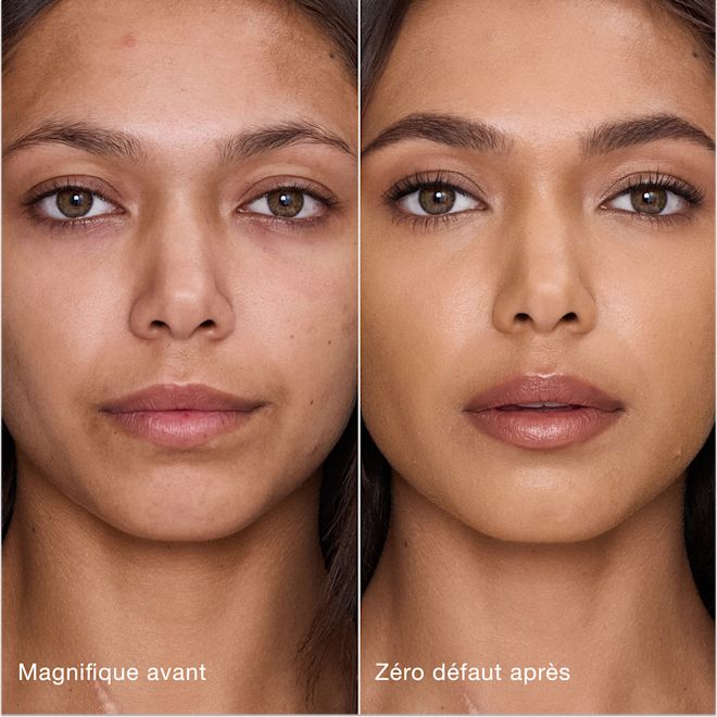Avant/après Airbrush Flawless Concealer - 8.5 Medium-Tan (Medium/Medium à Foncé) Comparaison côte à côte montrant la peau avant et après l'application de l'Airbrush Flawless Concealer de Charlotte Tilbury, avec les étiquettes de texte « Magnifique avant » et « Zéro défaut après ».