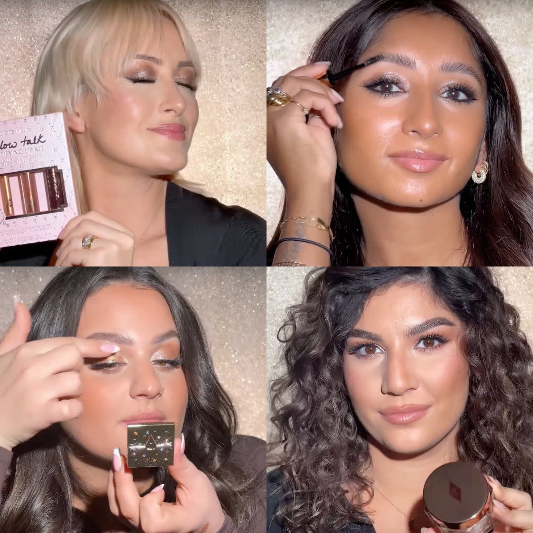 Four Pro makeup Artists holding gifts from Charlotte's Gifting Universe and applying makeup. 