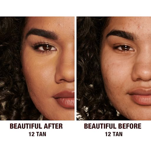 Beautiful Skin concealer in 12 on deep-tone model before and after Before and after of a deep-tone model without any makeup in the before shot and then wearing a radiant, concealer that brightens, covers blemishes, and makes her skin look fresh along with nude lip gloss and subtle eye makeup.