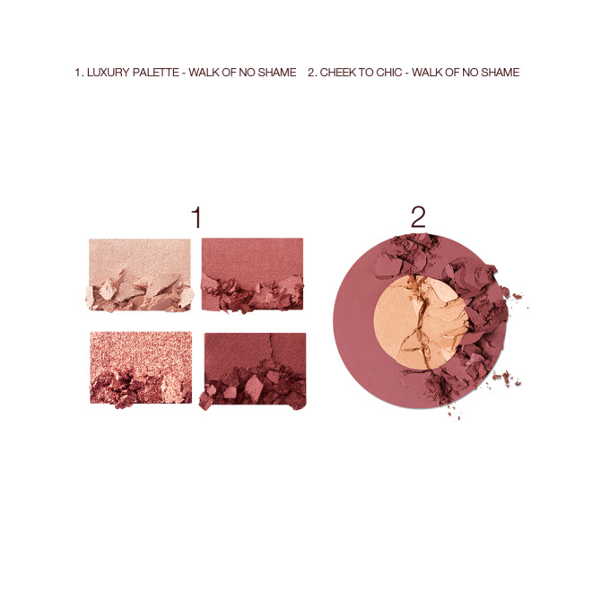 Swatches of a quad eyeshadow palette in shades of cranberry and gold with a matching two-tone blush compact.