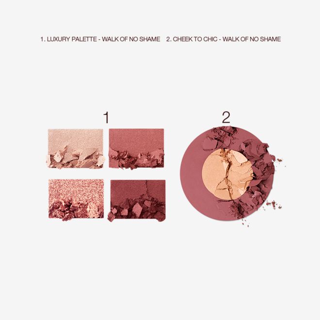 Walk of No Shame Eye and Blush Kit swatches Swatches of a quad eyeshadow palette in shades of cranberry and gold with a matching two-tone blush compact.