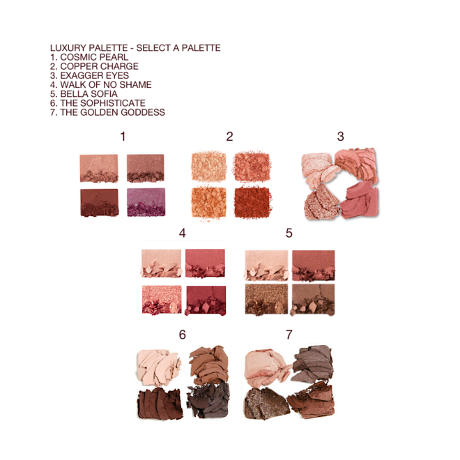 Luxury Palette collection swatches Swatches of seven, quad eyeshadow palettes with matte and shimmery shades of brown, beige, peach, gold, copper, pink, purple, red, grey, champagne, rose gold, and cream.
