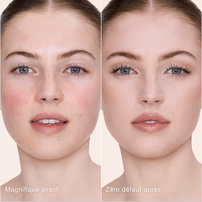 Avant/après avec Airbrush Flawless Concealer - 2 Fair (Clair) Comparaison côte à côte de la peau avant et après l'application de l'Airbrush Flawless Concealer de Charlotte Tilbury, avec les étiquettes de texte « Magnifique avant » et « Zéro défaut après ».