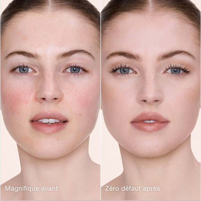 Avant/après avec Airbrush Flawless Concealer - 2 Fair (Clair) Comparaison côte à côte de la peau avant et après l'application de l'Airbrush Flawless Concealer de Charlotte Tilbury, avec les étiquettes de texte « Magnifique avant » et « Zéro défaut après ».