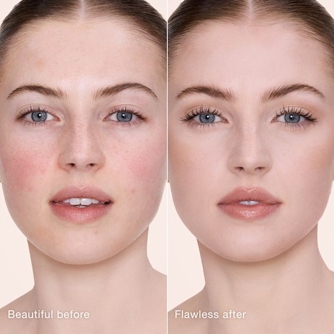 Airbrush Flawless Concealer - 2 fair before and after Side-by-side comparison showing skin before and after applying Charlotte Tilbury Airbrush Flawless Concealer, with text labels 'Beautiful before' and 'Flawless after'.