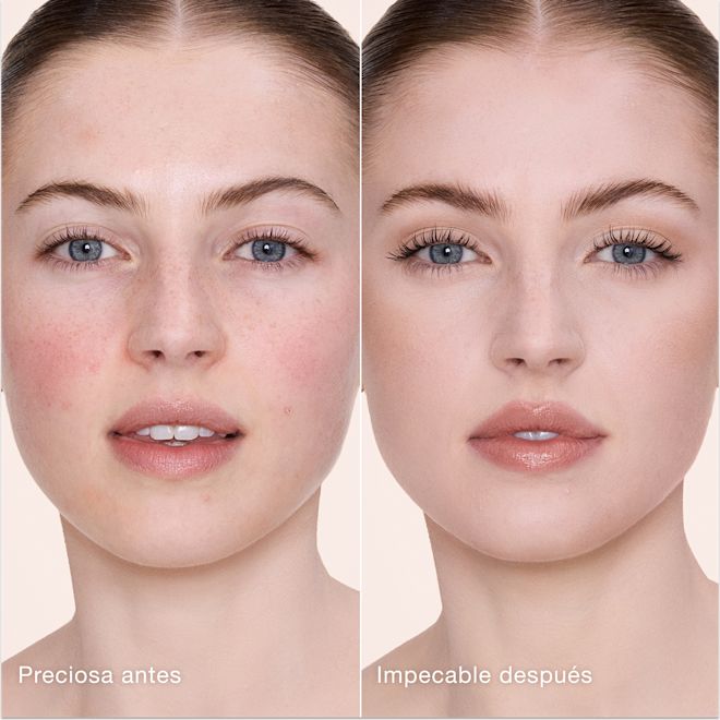 Antes y después de usar Airbrush Flawless Concealer en el tono 2 Fair Comparación paralela que muestra la piel antes y después de aplicar el corrector Charlotte Tilbury Airbrush Flawless Concealer con las etiquetas de texto «Preciosa antes» y «Perfecta después».