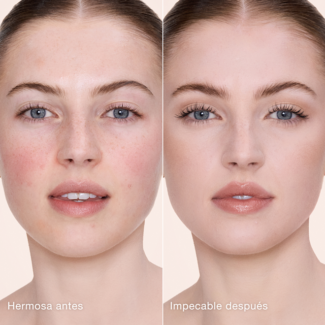 Antes y después de usar Airbrush Flawless Concealer en el tono 2 Fair Comparación paralela que muestra la piel antes y después de aplicar el corrector Charlotte Tilbury Airbrush Flawless Concealer con las etiquetas de texto "Preciosa antes", "Impecable después".