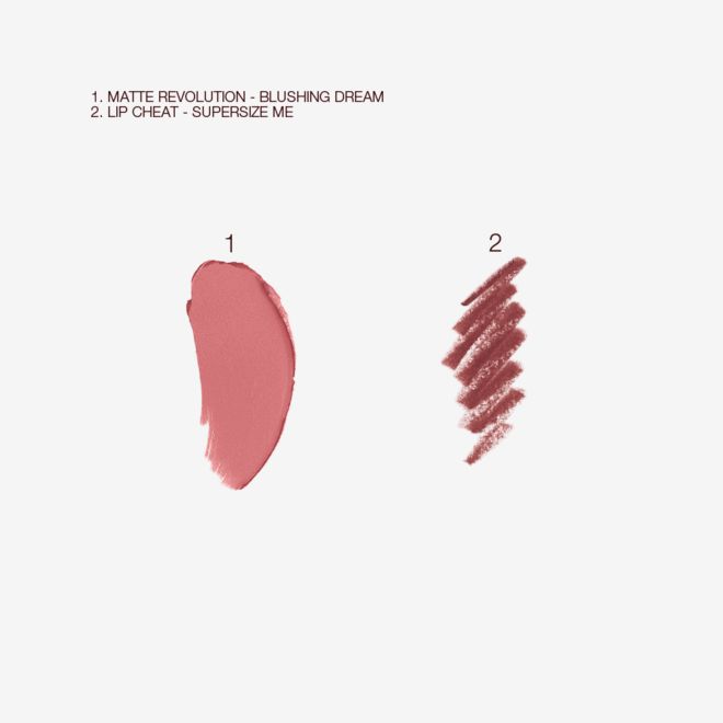 Blushing Dream Luscious Lip Slick swatches Swatches of a lipstick in coral rosebud shade and lip liner pencil in a purplish red colour.