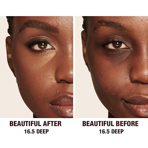 Beautiful Skin concealer in 16.5 on deep-tone model before and after Before and after of a deep-tone model without any makeup in the before shot and then wearing a radiant, concealer that brightens, covers blemishes, and makes her skin look fresh along with nude lip gloss and subtle eye makeup.