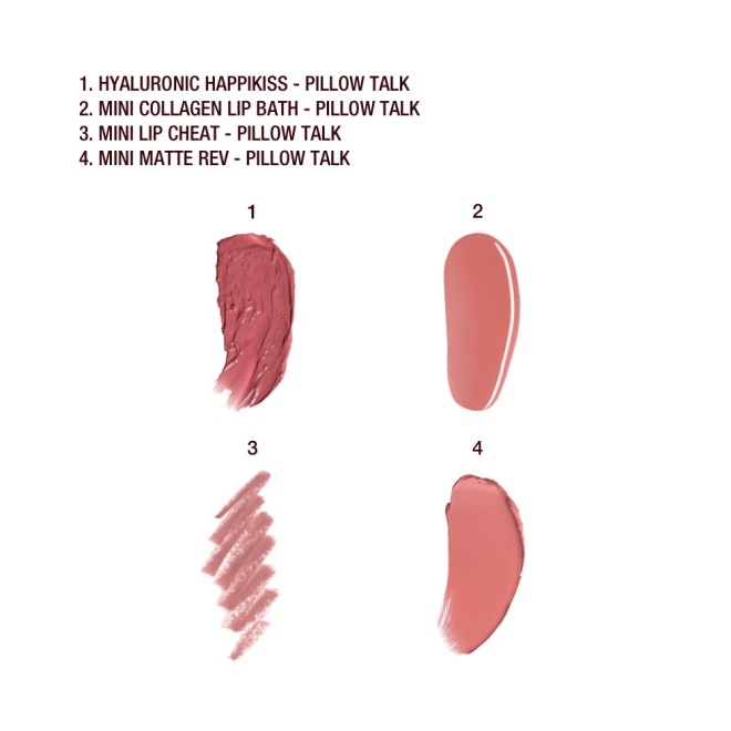 Swatches of a lipstick balm in nude pink, high-shine finish lip gloss in nude pink, matte lipstick in nude pink, and lip line pencil in nude pink.