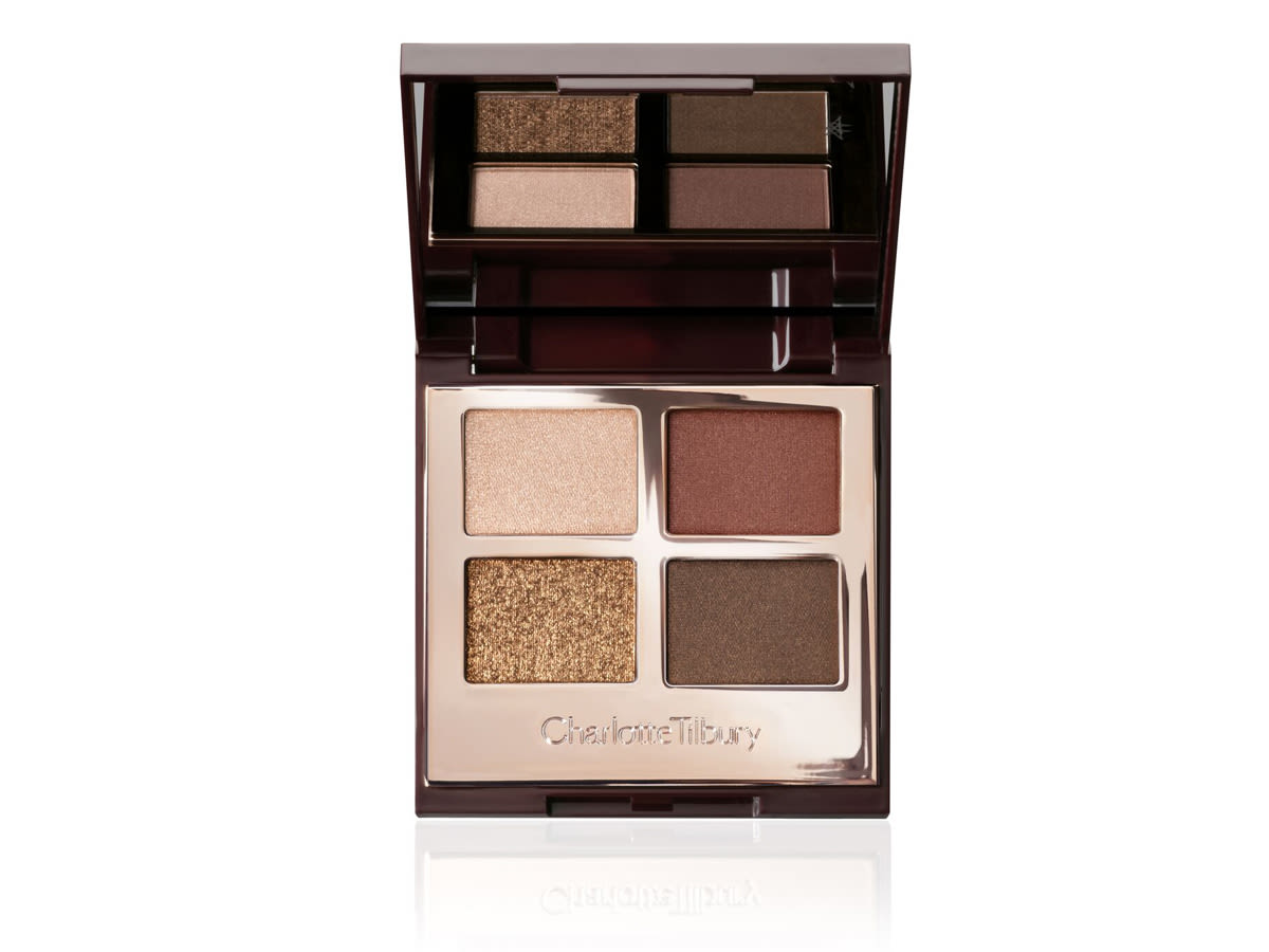 luxury palette in the Bella Sofia open An open, mirrored-lid quad palette in shimmery and matte golden and earthy tones.