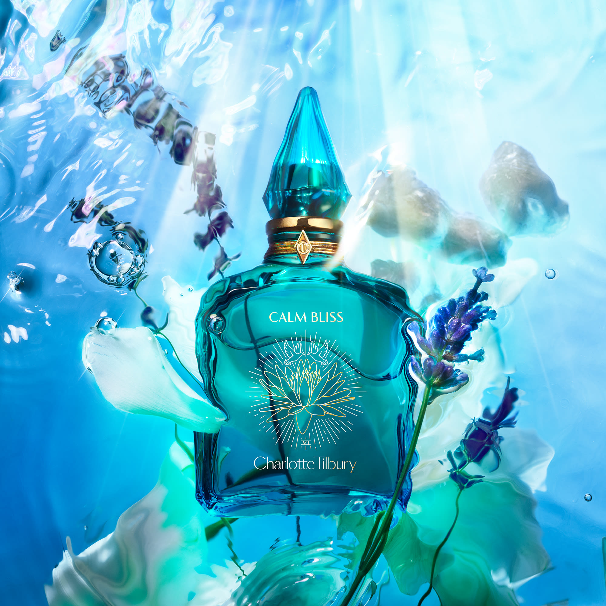Calm Bliss art Calm Bliss fragrance bottle artwork with aquatic backdrop