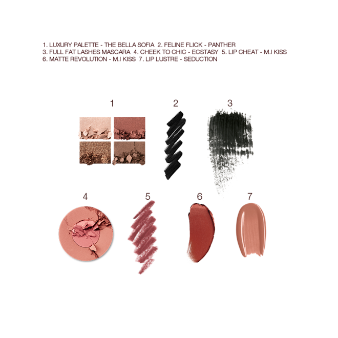 The Bella Sofia kit swatches Swatches of a quad eyeshadow palette in matte and shimmery nude brown shades, black eyeliner and mascara, two-tone blush in golden peach and warm pink, lip liner in wine, lipstick in redwood, and lip gloss in brownish peach.