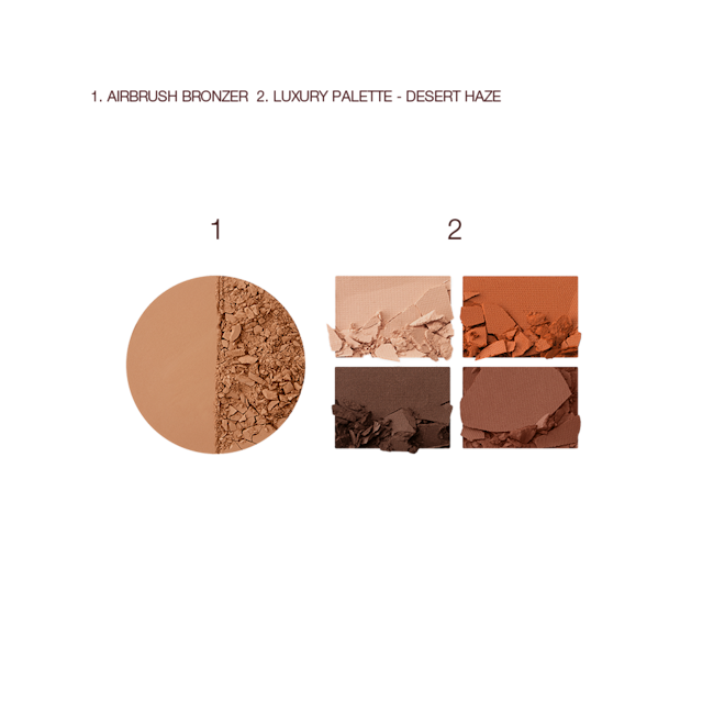 Luxury Palette in Desert Haze and Airbrush Bronzer swatches Swatches of a medium-brown powder bronzer and quad eyeshadow palette in shades of brown and beige.