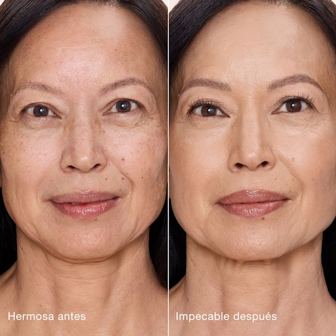 Antes y después del Airbrush Flawless Concealer en tono 5.5 Medium Comparación paralela que muestra la piel antes y después de aplicar el corrector Charlotte Tilbury Airbrush Flawless Concealer con las etiquetas de texto "Preciosa antes", "Impecable después".