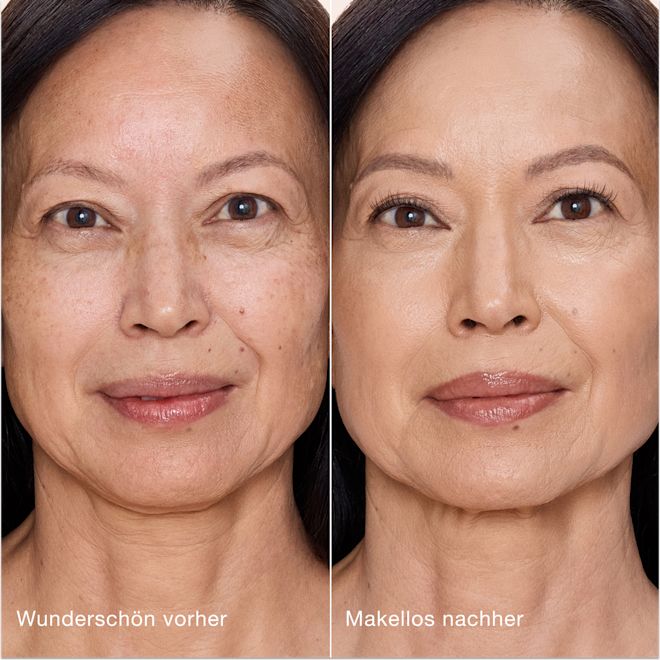 Airbrush Flawless Concealer − 5.5 Medium, vorher und nachher Ein direkter Vergleich zeigt die Haut vor und nach dem Auftragen des Charlotte Tilbury Airbrush Flawless Concealers mit den Beschriftungen „Wunderschön vorher“ und „Makellos nachher“.