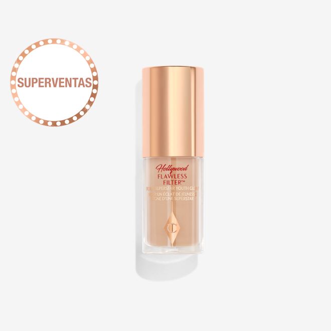 Hollywood Flawless Filter en tono 4.5 tamaño mini cerrado Prebase potenciadora del brillo en un envase de cristal abierto con tapa color dorado rosa.