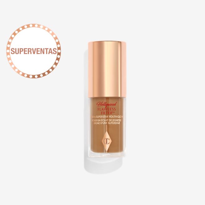 Hollywood Flawless Filter tono 6.5, tamaño mini, cerrado Primer luminoso en tamaño mini, de tono medio a oscuro cerrado y en un envase de cristal con tapa dorada.