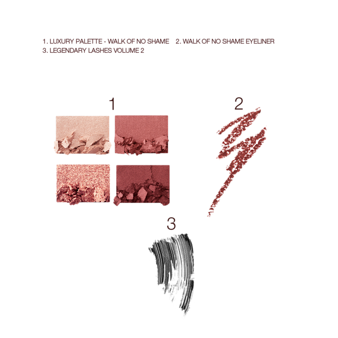 Walk of No Shame Eye Kit swatches Swatches of a quad eyeshadow palette in shades of cranberry and gold, berry-pink eyeliner, and black mascara.